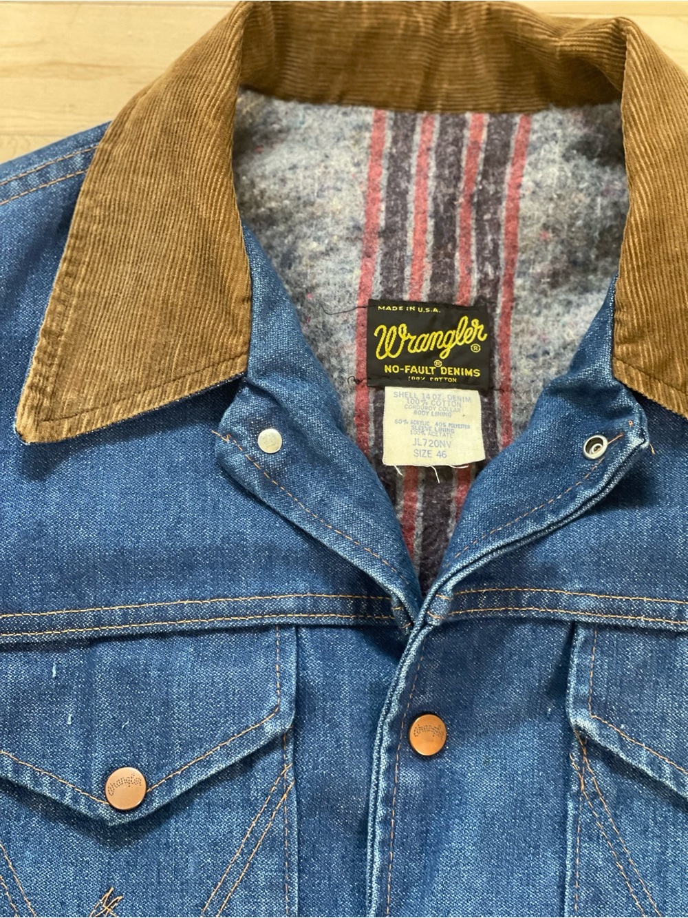 80s Vintage Wrangler No Fault Denim Jacket blanket lined corduroy collar - Picture 2 of 7
